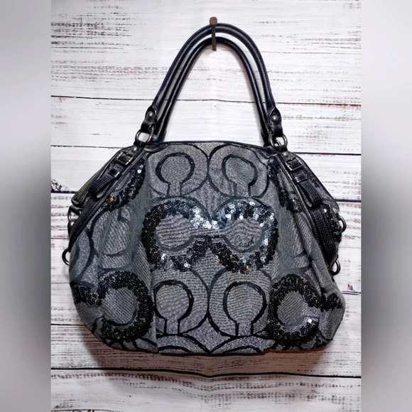 Coach Madison Sequin Logo Satchel Bag Silver Black 2000s Y2K Style 15940 Op Art - Picture 11 of 12